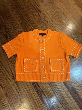Zara Bright Orange Short-Sleeve Knit Cardigan with White Stitching